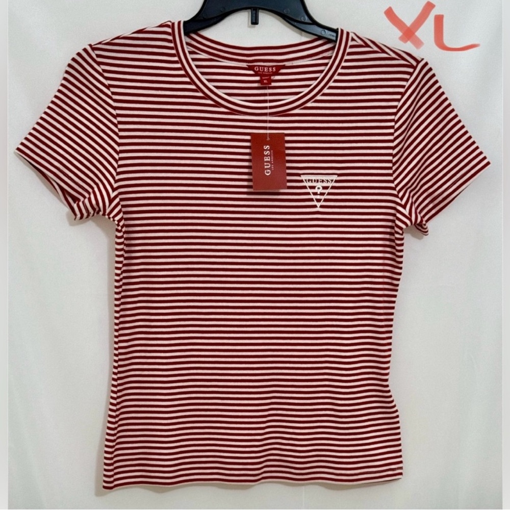 GUESS Red and White Fitted Ribbed Short Sleeve Tee